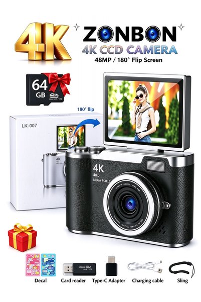 ZONBON 64GB SD card digital camera, 4k CCD digital zoom digitalcamera, 48MP 1...