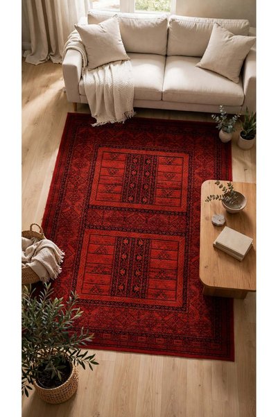 Giza Home Afgan Türkmen Otantik Desenli Dokuma Kırmızı Oturma Odası Salon Mut...