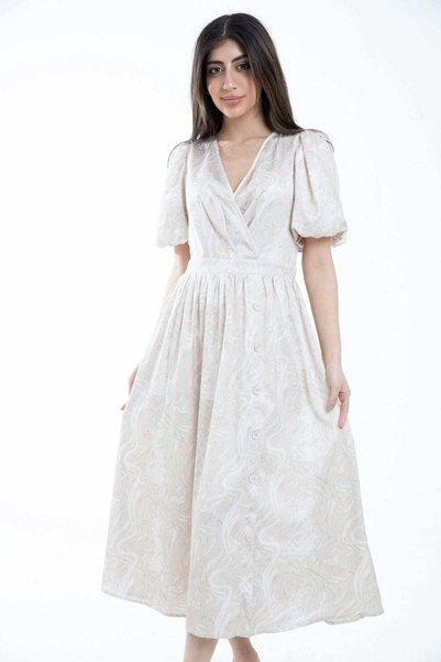 mica V-Neck Puff Sleeve Midi Dress