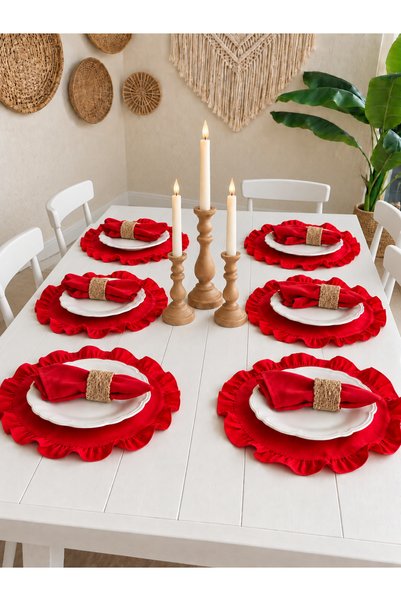 Decamor home Aura 6 Pieces Stain-Resistant Red Ruffled Round American Serving...