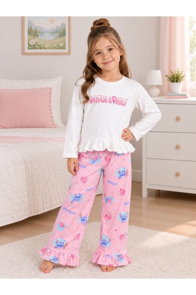 İsobel Kids Kız Çocuk Yazı Baskılı %100 Pamuk Süprem Kumaş Fırfır Detaylı Uzun Kollu Tokalı Pijama Takımı