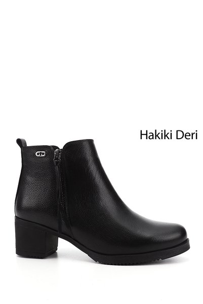 GÖNDERİ(R) حذاء نسائي أسود من الجلد الطبيعي بسحاب وكعب سميك