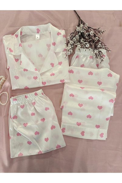 MH Moony Homewears 3-Piece Menfos Pink Heart Satin Pajama Set with Special Pouch