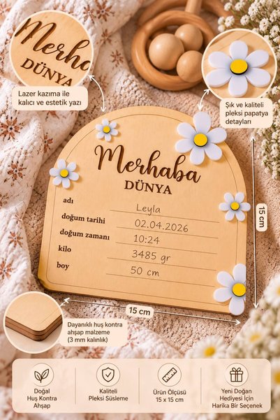 SOLIS DESIGN Natural Wood Birch Contrapedic Plexiglass Daisy Newborn Memory Board |   Hello World Baby Hospital and Room Decoration