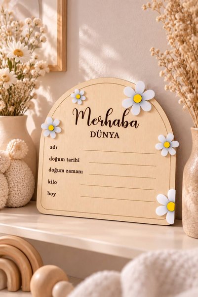 SOLIS DESIGN Natural Wood Birch Contrapedic Plexiglass Daisy Newborn Memory Board |   Hello World Baby Hospital and Room Decoration