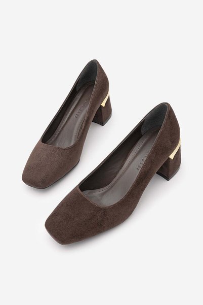 Marjin Women's Blunt Toe Thick Heeled Shoes Zeylor Brown Suede