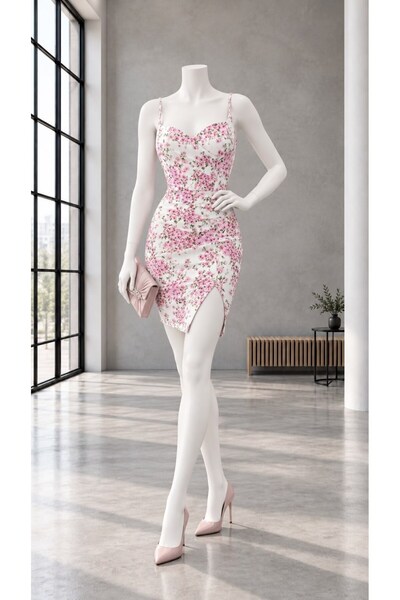 Modafeminen Pink Floral Patterned Strappy Sweetheart Neckline Scuba Slit Penc...
