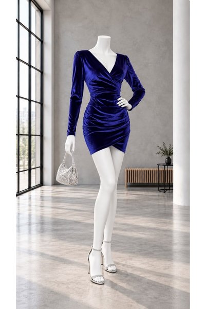 Modafeminen Drawstring Double Breasted Collar Velvet Fabric Dress 581909 Purple