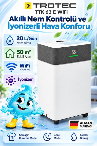 Trotec TTK 63 E WiFi 20 Litre Nem Alma Cihazı 50 m² İyonizerli Akıllı Rutubet...