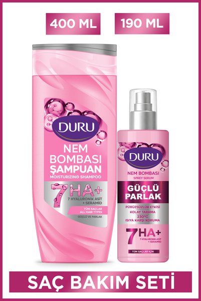 Duru Nem Bombası Tüm Saçlar için Şampuan 400 Ml & Sprey Sıvı Krem 190 Ml Güçl...