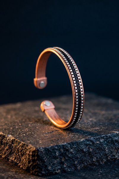 JuraDeri Men's Copper Bracelet - Black Strip Chain Detail, Open Shackle with ...