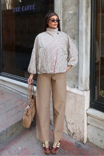 KECHİ WOMAN Checkered Fabric Lined Jacket Beige