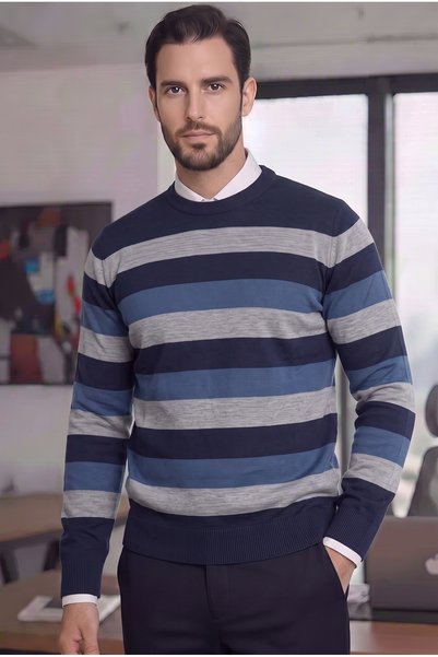 Teenage Millionaire Men's Stripe Detailed Navy Blue Gray Crew Neck Standard R...
