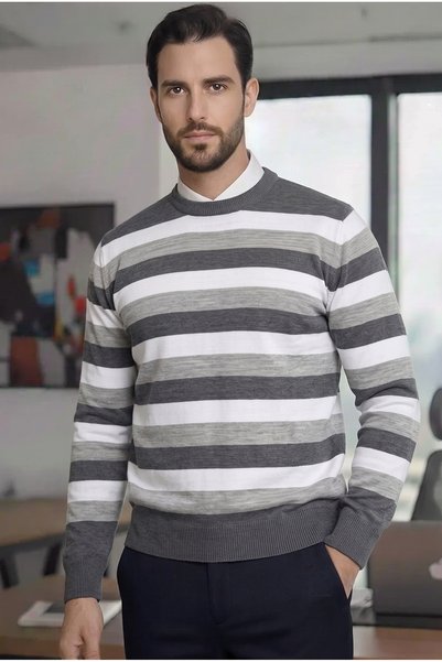 Teenage Millionaire Men's Stripe Detailed Anthracite Gray White Crew Neck Sta...
