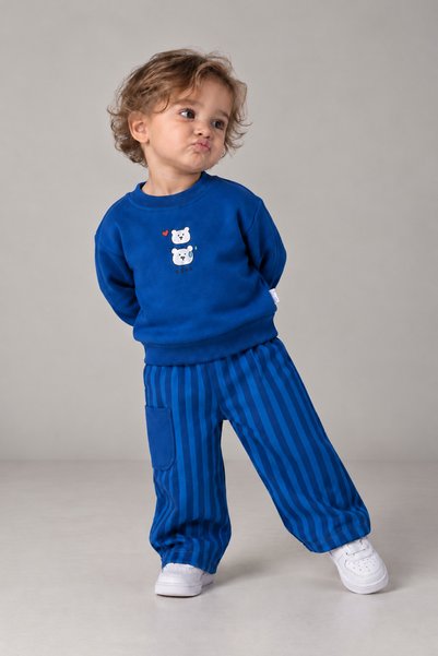 SEENJOB KİDS Simit Yaka Bear Baskılı Sweatshirt/Çizgili Cep Detaylı Bol Paça ...
