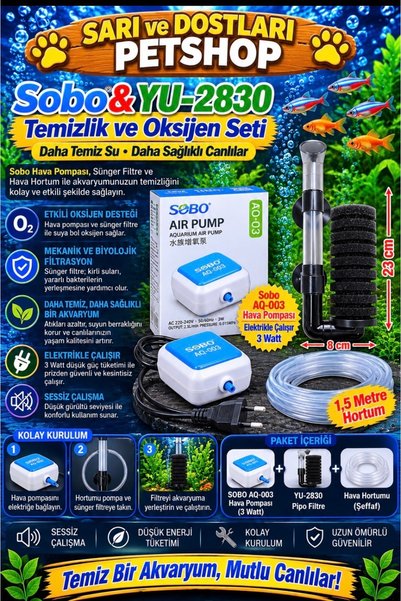 Sobo SESSİZ MOTOR AKVARYUM TEMİZLİK VE OKSİJEN SETİ (sobo aq-003 hava motoru+...