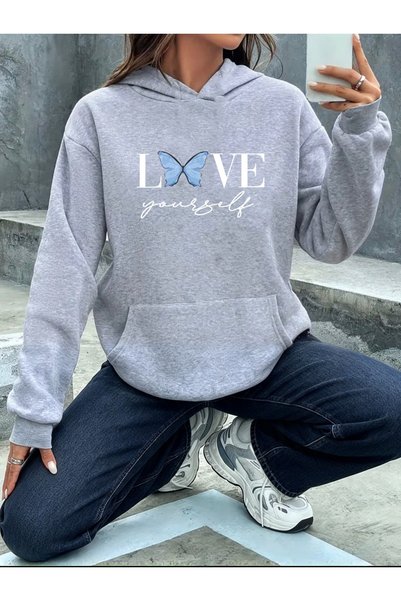 herkesemoda Love Yourself Detailed Hooded Sweatshirt
