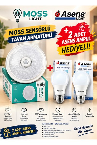 moss light VİP AYDINLATMA / SENSÖRLÜ TAVAN ARMATÜRÜ E27 PLASTİK KASA + AMPUL ...
