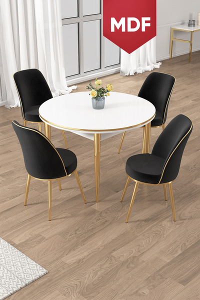 Canisa Osle Serisi MDF 90x90 Yuvarlak Beyaz Mutfak Masa Takımı 4 Sandalye Gol...