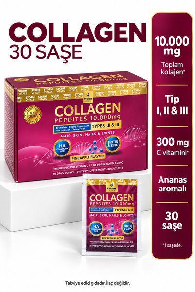 STORM VİTALS Collagen Hidrolize Kolajen Tip 1-2-3 10000 mg Ananas Aromalı 30 ...