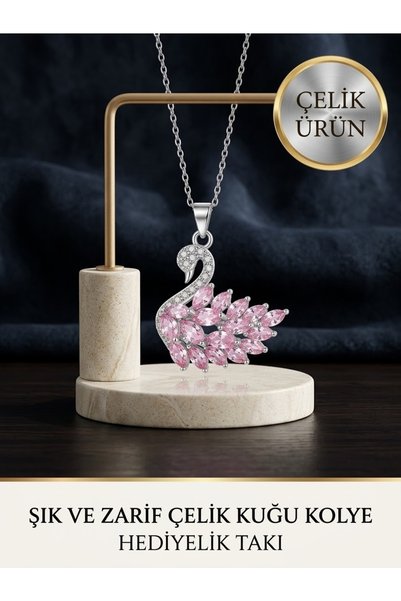 NAS fashion Women's Steel Pink Stone Swan Necklace