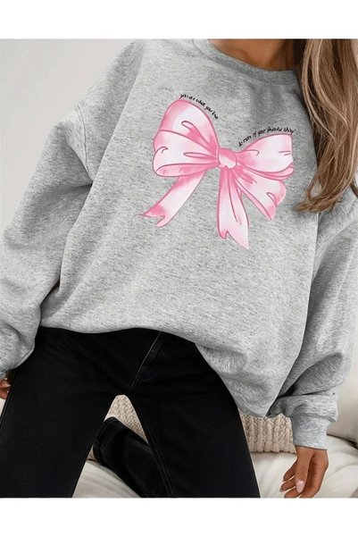 herkesemoda Ribbon Printed Crew Neck Sweatshirt with Fleece Inside