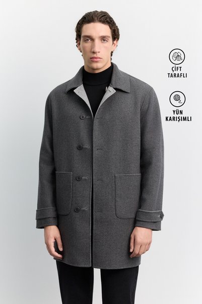 Avva Men's Gray Classic Collar Wool Blend Double-Sided Pocket Cover Comfort F...