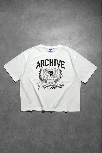 Crupt Studio Ανδρικό T-shirt The Black Archive Lion Beyaz Boxy Crop