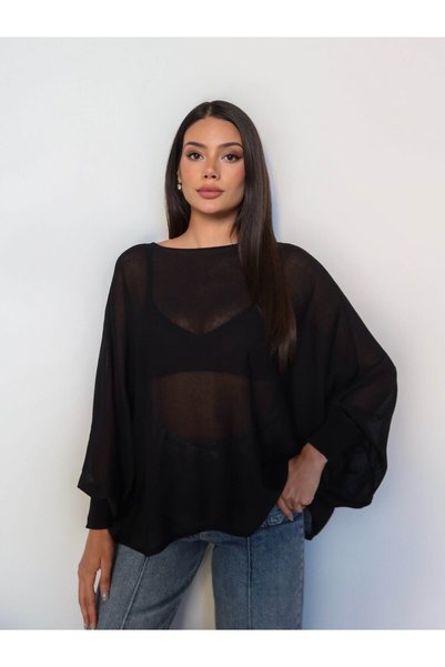 ESRAHELVACI Transparent Textured Knit Poncho Blouse