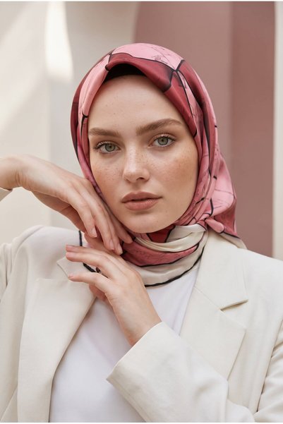 VİOLLA Twill Mermer Desenli Pudra - Gül Kurusu Renkli 90x90 Eşarp (İpek İçerm...