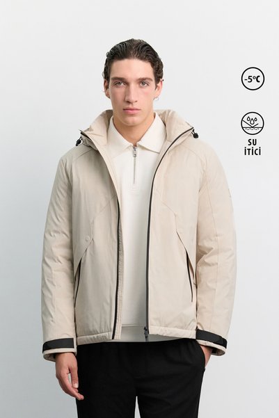 Avva Men's Beige Magnet Pocket Detailed Hooded Waterproof Lightweight Coat A6...