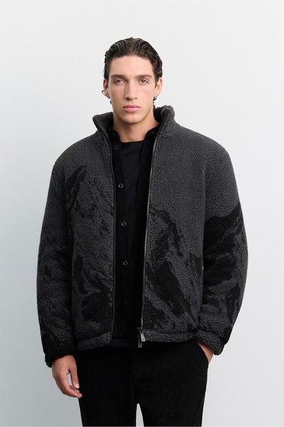 Avva Men's Black Stand Collar Patterned Warm Plush Comfort Fit Coat A62Y6082