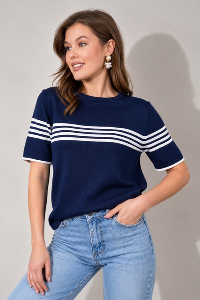 Irmak Kerekli Women's Crew Neck Short Sleeve Striped Knit Blouse 25111 Navy-Ecru