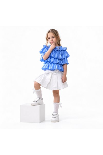 Other Girls' Blue Multi-Layered Ruffled Blouse with White Bow Skirt