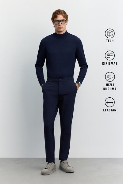 Avva Erkek Lacivert Yanı Lastikli Kırışmaz Hızlı Kuruyan Teknik Kumaş Slim Fi...