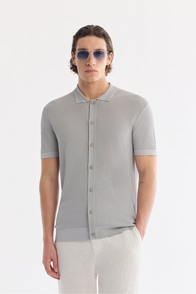 Avva Men's Gray Polo Neck Button-Front Regular Fit Knitwear T-Shirt A61Y5017