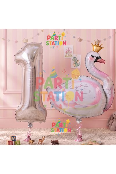 Parti Station Swan Balloon 1 Year Old Foil Set Concept Birthday Set Age Ballo...