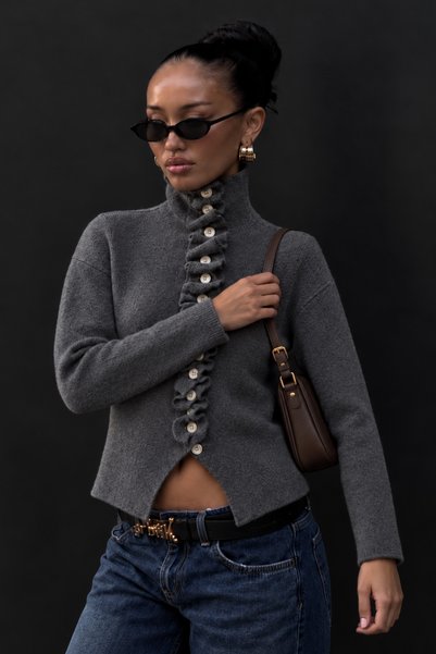 Bipantolon Women's Anthracite Stand Collar Ruffle Detailed Buttoned Knitwear ...