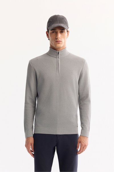 Avva Men's Gray Stand Collar Zippered Textured Knitwear Regular Fit Sweater A...