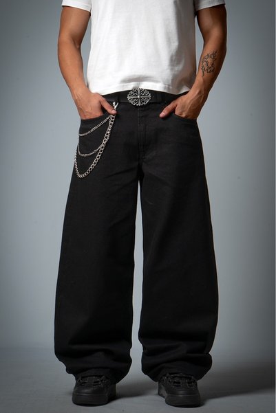 Genel Markalar Siyah Wide Leg Super Baggy Erkek Jean Pantolon