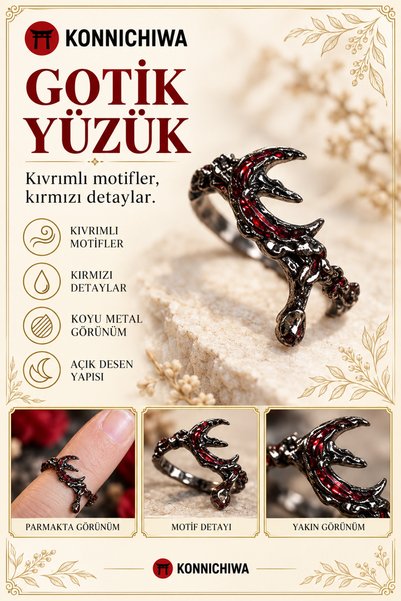 FG KONNİCHİWA Gotik Hilal Yüzük Kırmızı Taş Detaylı Unisex