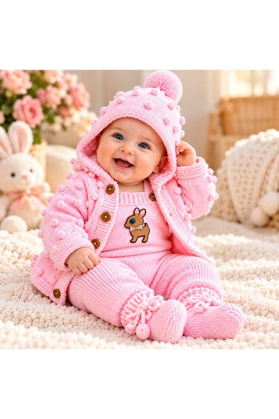 El örgüsü 100% Cotton Baby Set 3-Piece Set Hooded Cardigan Overalls Booties A...