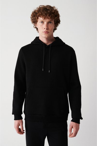 Avva Erkek Siyah Kapüşonlu 3 İplik Şardonlu Pamuklu Sweatshirt E001018