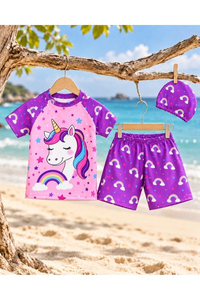 rony pony kids Kız Çocuk 3’lü Plaj Takımı Deniz Kızı Desenli Mayo Seti Bone Ş...