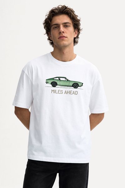 Mudo Men's White Printed Oversize Crew Neck T-Shirt
