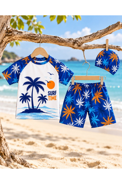 rony pony kids Boy's Palm Tree Patterned 3-Piece Swimsuit Set T-Shirt Shorts ...
