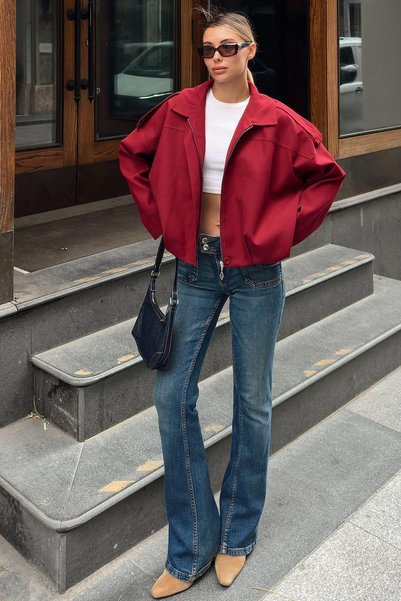 Swist Burgundy Polo Collar Women's Bomber Jacket with Zipper and Placket Detail