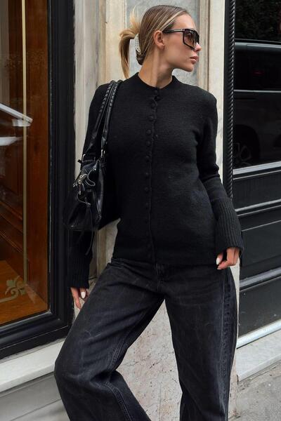 Swist Cardigan tricotat pentru femei, cu guler rotund, cu nasturi, finisaj negru