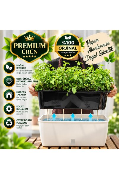 Saksıdan Sofraya Akıllı Saksı - Antrasit İç Hazneli Beyaz Dekoratif Saksı (32...
