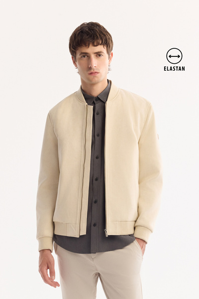 Avva Men's Beige Bomber Collar Suede Textured Seasonal Comfort Fit Coat B006045